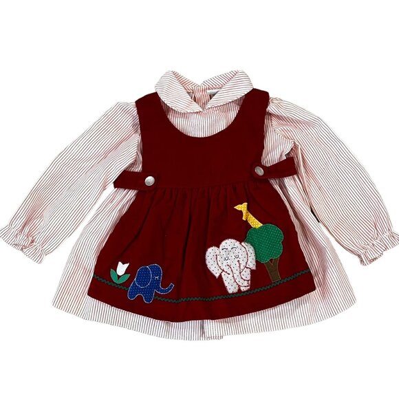 Vintage Zoo Animals Elephant Pinafore Corduroy Dress 12 Months Baby Girls Red - Picture 10 of 10